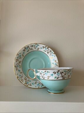 Vintage Delphine bone china Teacup & Saucer,  Floral with blue base, Gilt edged